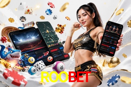Una escena digital vívida inspirada en casino con ROOBET mostrado prominentemente, luces brillantes, fichas, cartas y acentos dorados.