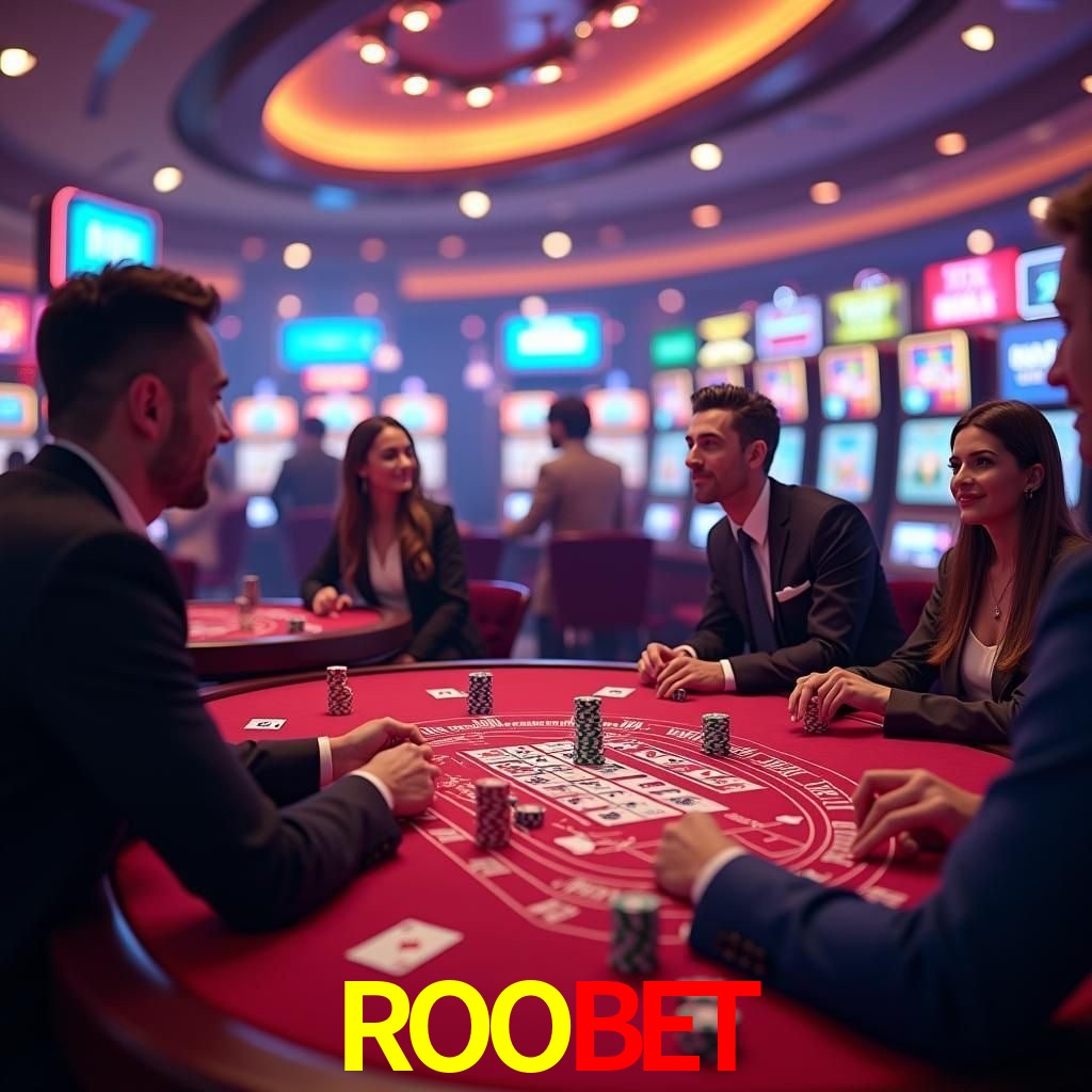 Escena dinámica inspirada en casino con iluminación ROOBET, cartas, fichas e íconos de juegos digitales en un espacio moderno de juegos.