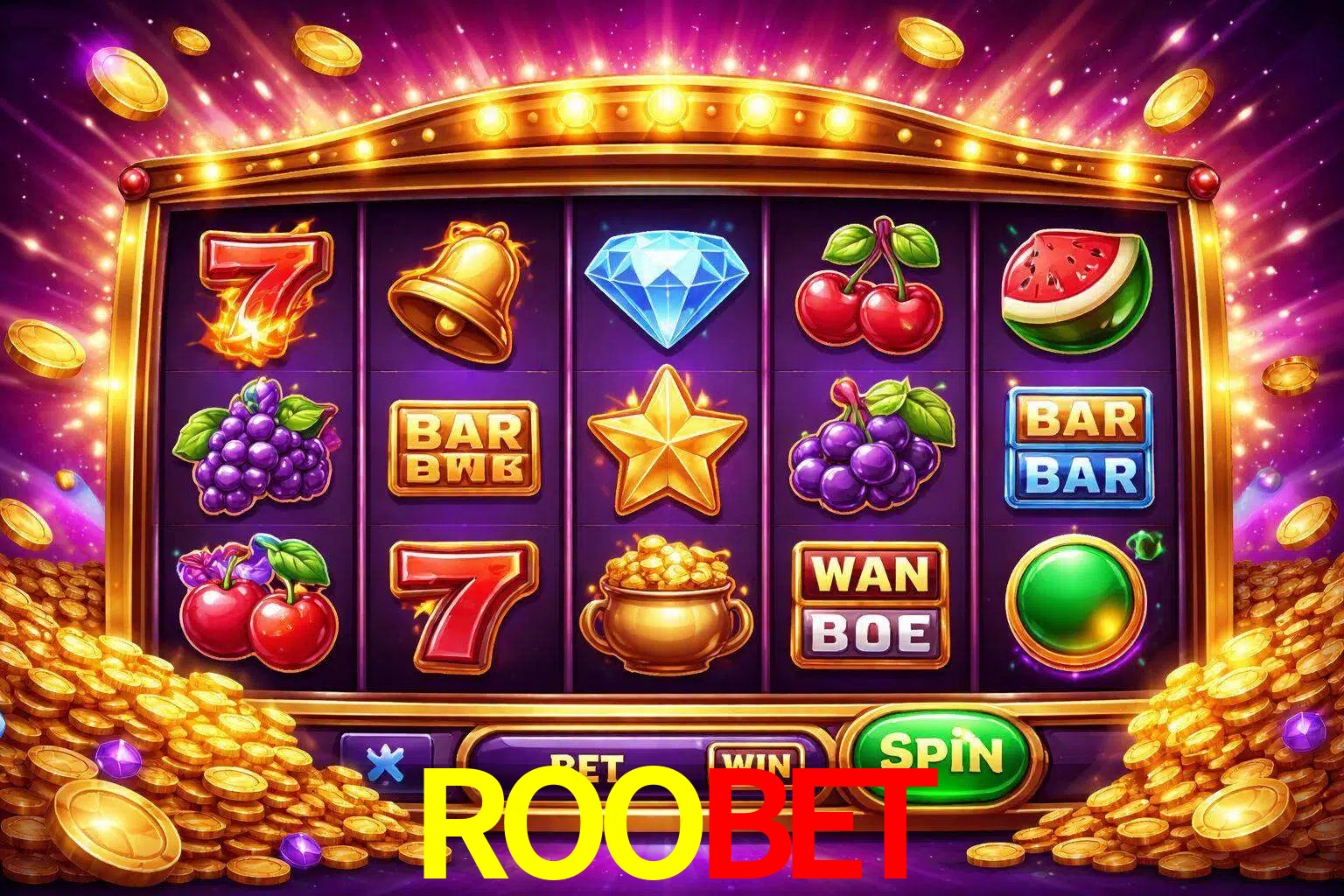 Una interfaz colorida de tragamonedas en línea con símbolos brillantes, monedas y un efecto de victoria celebratoria en ROOBET.