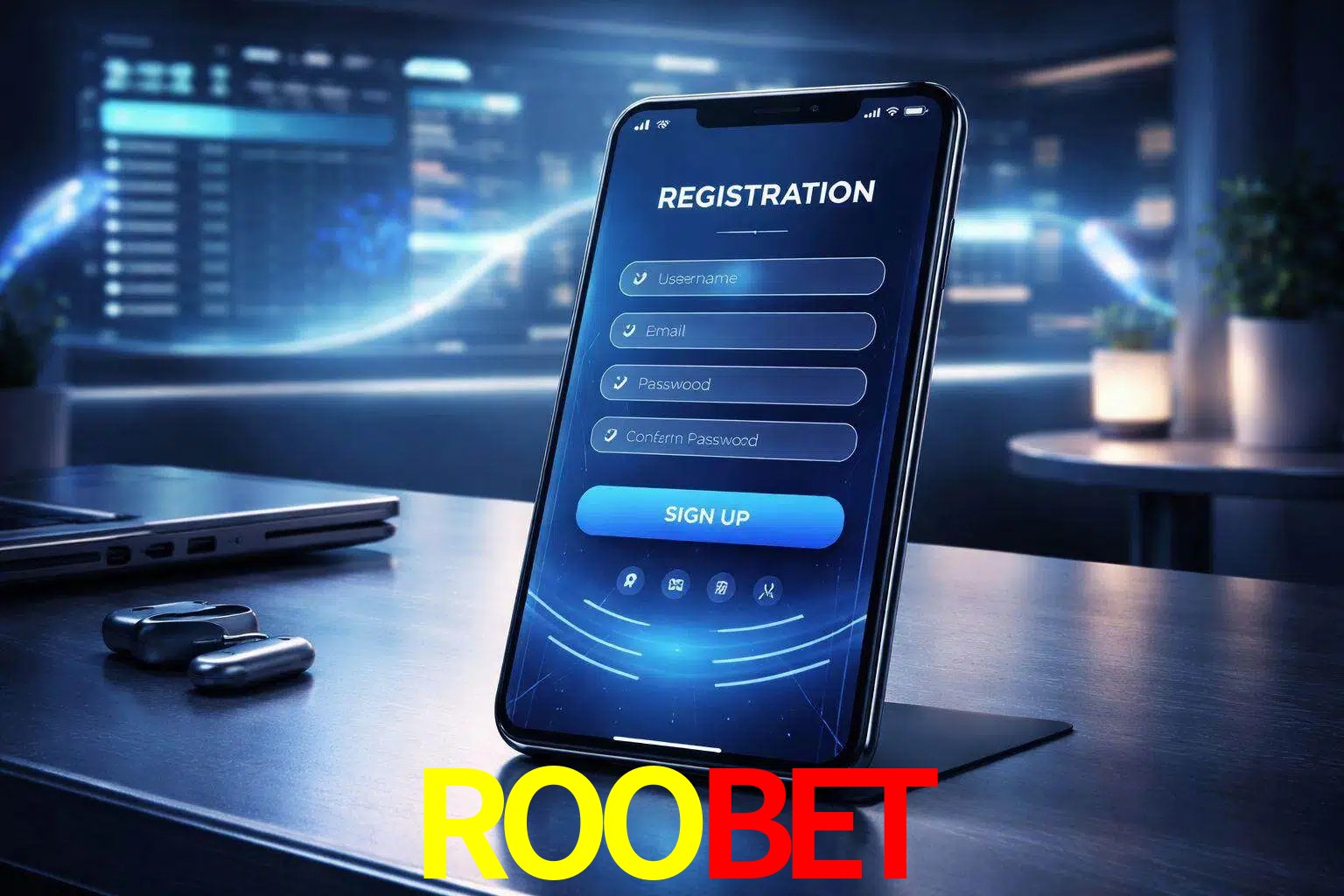 Una interfaz moderna de registro móvil para ROOBET mostrada en un smartphone con un panel de apuestas elegante.